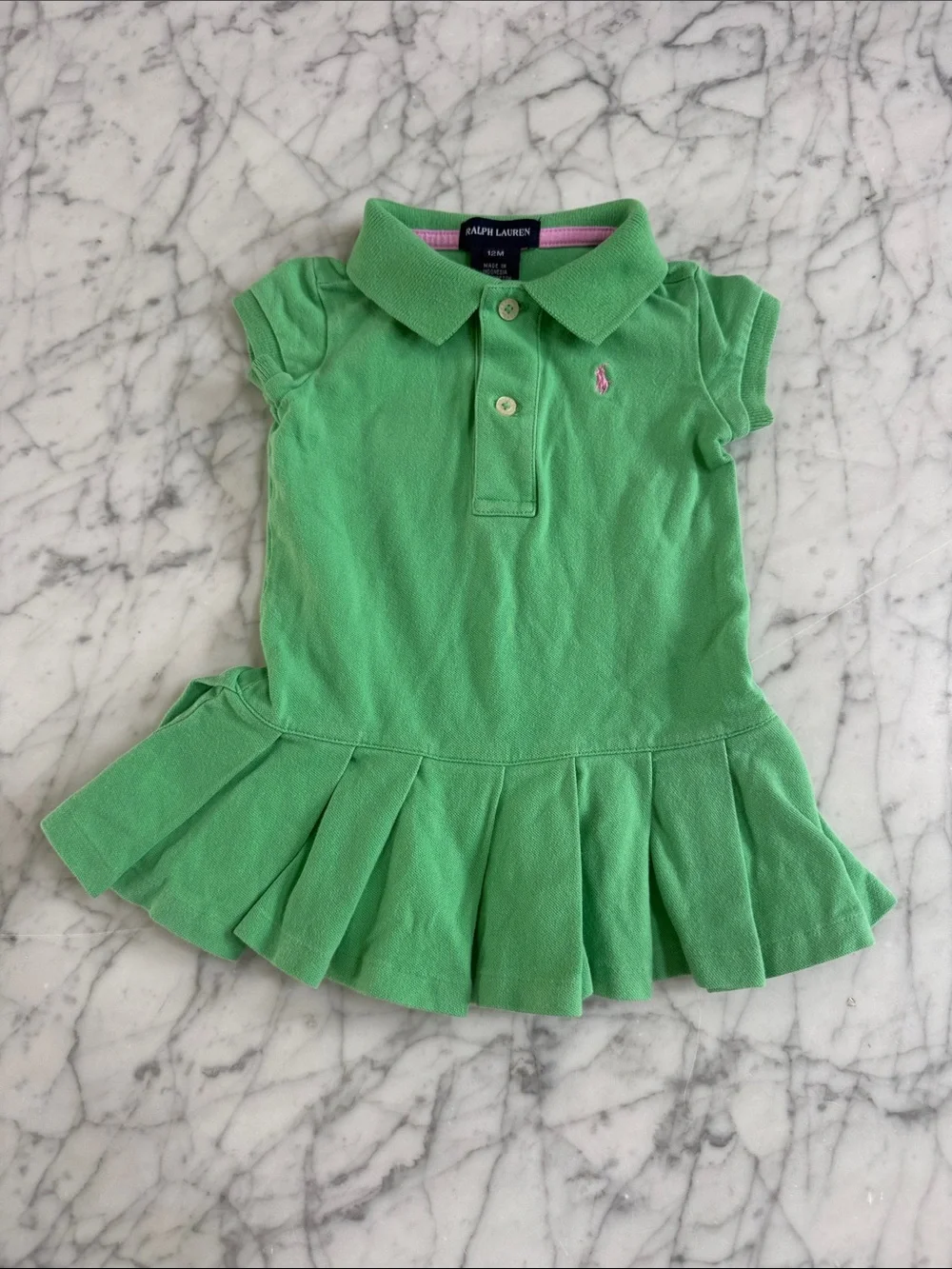 Ralph Lauren Girls' Green Polo Pleat Dress Sz 12 Mo